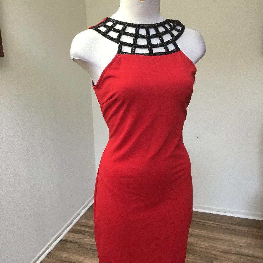 Casual Pencil Short Dress Pencil Necklace Backless Sleeveless Party Red M